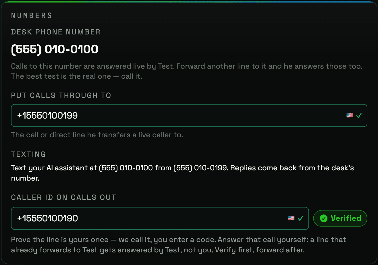 The Numbers section of Desk Settings, with the Texting row that shows the desk's texting number and its status